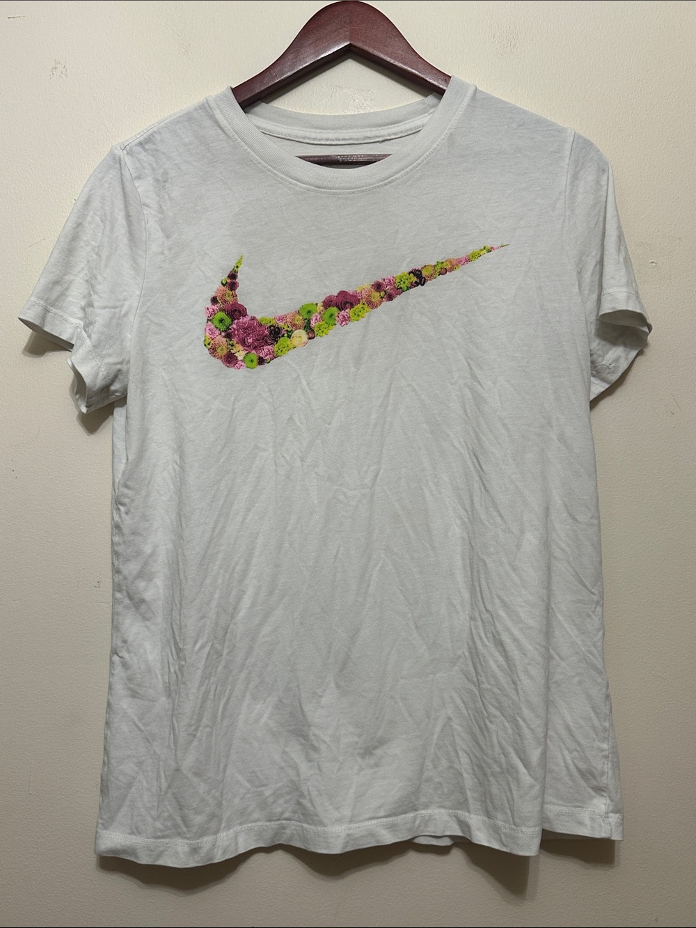 Nike White Short-Sleeve Tee with Pink and Green Floral Swoosh